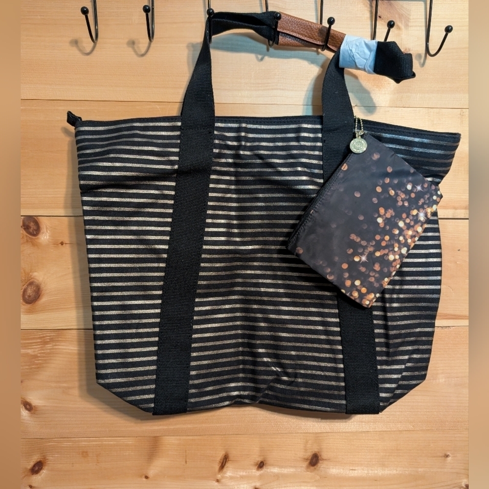 Bath And Body Striped Black and Gold Tote with Pouch